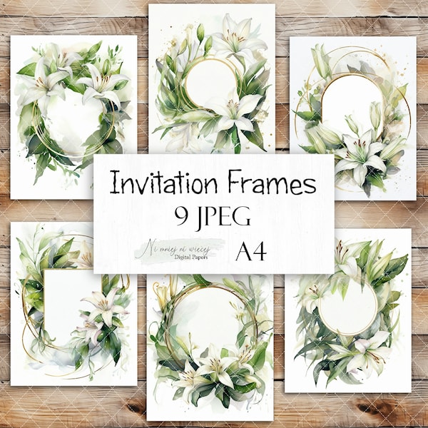 Invitation Frames, printable digital wreaths with white lilies for invitations, downloadable green leaves invitation backgrounds