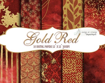 Gold Red collection, gold and red foil digital papers, damask printable scrapbook paper, distressed printable JPEG gold textures