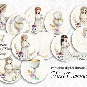 first communion circle tags, holy communion composition, girl illustrations, beige watercolor digital stamps PNG