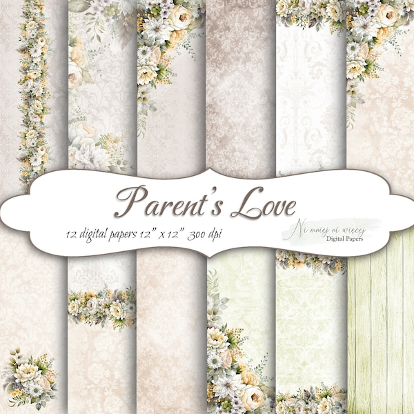 Parent's Love collection, printable wedding digital papers, JPEG scrapbooking paper pack, soft brown green digital papers with flowers