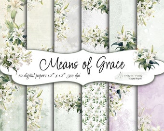 Means of Grace collection, printable digital paper, scrapbooking paper pack, downloadable 12" x 12" floral paper with white lilies
