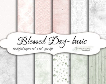 Blessed Day 1 backgrounds collection, printable digital paper, pink gray green scrapbooking textures, paper pack, downloadable 12" x 12"