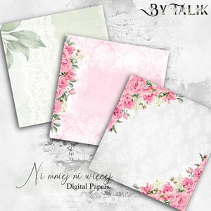 12 digital papers, Pink Afflation collection, pink peonies scrapbooking paper pack, downloadable 12 x 12 floral green gray pink papers zdjęcie 2