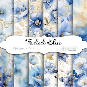 Faded Blue collection of digital papers, wedding papers, blue gold misty floral scrapbook papers perfect for cardmaking, marble papers