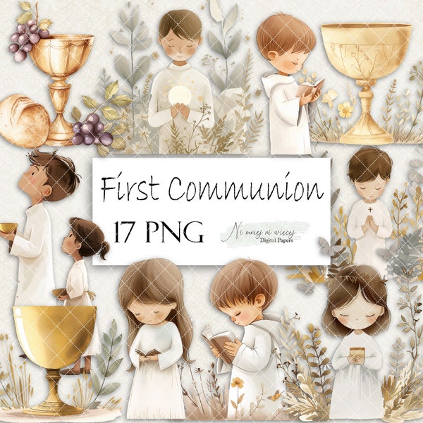 First Communion collection of PNG watercolor cliparts, printable digital clipart, natural beige boho Holy Communion images