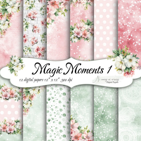 Magic Moments floral collection, printable baby digital papers, JPEG paper pack, papers for children, sweet pink and mint