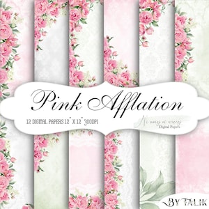 12 digital papers, Pink Afflation collection, pink peonies scrapbooking paper pack, downloadable 12 x 12 floral green gray pink papers zdjęcie 1