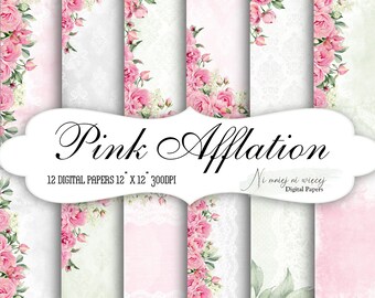 12 digital papers, Pink Afflation collection, pink peonies scrapbooking paper pack, downloadable 12" x 12" floral green gray pink papers