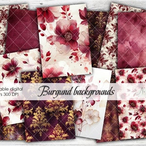 A4 Burgund backgrounds collection, scrapbook digital papers, dark floral textures, burgund gold damask