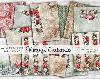 A4 Vintage Christmas collection, holiday digital papers, red and green Christmas, Xmas, Winter scrapbook papers, clasic christmas