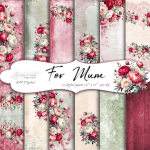 Può includere: Dodici carte digitali con bouquet floreali rosa e bianchi in stile vintage. Le carte misurano 30,5 cm x 30,5 cm e 300 dpi. Il testo "For Mum" è su uno striscione bianco nella parte superiore dell'immagine.