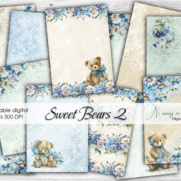 A4 Sweet Bears 2 collection, printable digital papers with teddy bears for kids, papers for baby boy, blue, green and beige child graphics