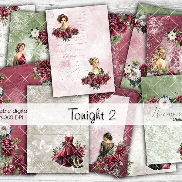 A4 Tonight 2 collection, woman's papers, junk journal floral papers, grey, green, purple and pink scrapbook papers perfect for cardmaking