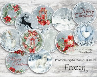 Frozen collection of digital stamps, Christmas snowy tags, junk journal circle embellishment, journal tags kit, christmas digital cabochons