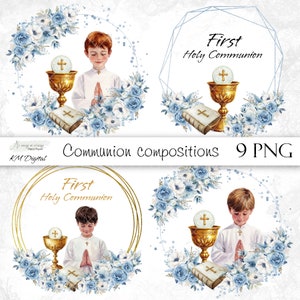 BLUE First Communion compositions with flowers, for invitations, PNG watercolor cliparts, printable digital frames, Holy Communion images