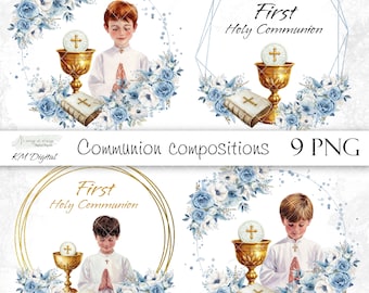 BLUE First Communion compositions with flowers, for invitations, PNG watercolor cliparts, printable digital frames, Holy Communion images