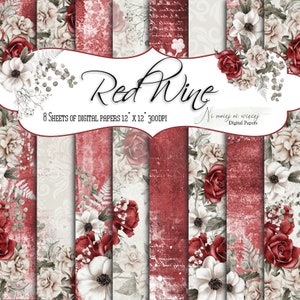 Red Wine collection, printable wedding and anniversary digital papers, JPEG paper pack, white digital papers with red roses