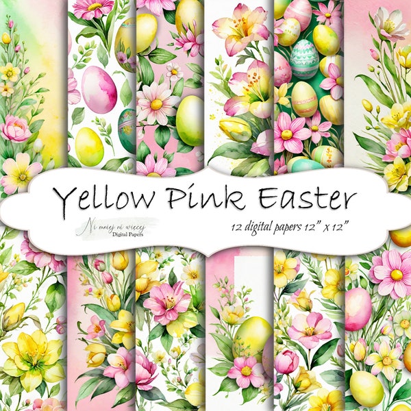 Yellow Pink Easter collection, printable digital papers, JPEG scrapbooking paper pack, Easter papers with flowers and eggs