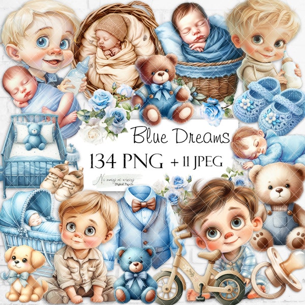 Blue Dreams BIG BUNDLE collection of PNG watercolor cliparts, blue digital cliparts for little boy, A4 sheets of images, newborn and kids