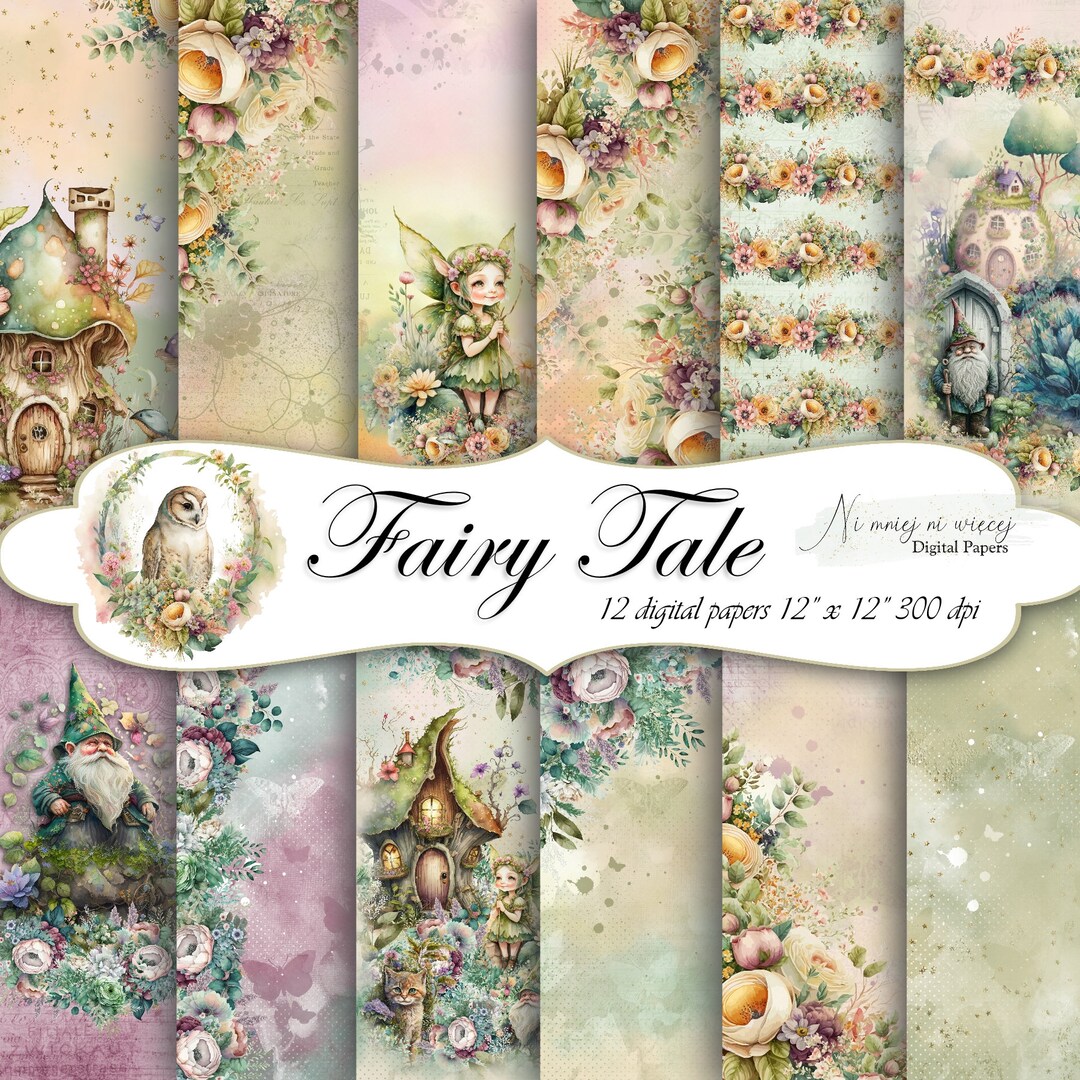 Fairy Tale Collection, Printable Digital Papers With Elf Owl and Gnomes ...