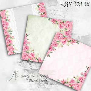 12 digital papers, Pink Afflation collection, pink peonies scrapbooking paper pack, downloadable 12 x 12 floral green gray pink papers zdjęcie 5