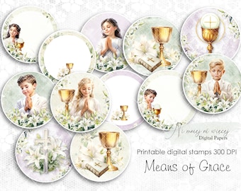 Means of Grace collection of digital stamps, circle tags, holy communion composition, girl and boy illustrations, floral embelishment