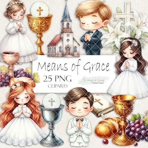 Means of Grace - First Communion PNG watercolor cliparts, printable digital clipart, Holy Communion hand painting cartoon images