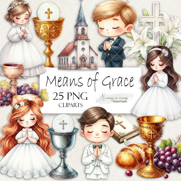 Means of Grace - First Communion PNG watercolor cliparts, printable digital clipart, Holy Communion hand painting cartoon images