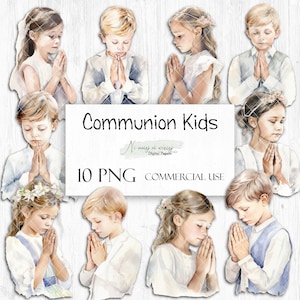 Communion Kids collection of cliparts, PNG watercolor graphics, commercial use image of praying boy and girls