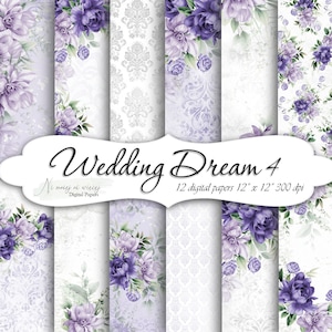 Wedding Dream 4 collection, printable wedding digital papers, JPEG paper pack, white digital papers with violet peonies