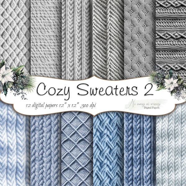 Cozy Winter Sweaters 2 collection, holiday digital papers, gray and blue Christmas, Xmas, Winter scrapbook papers, pullover backgrounds