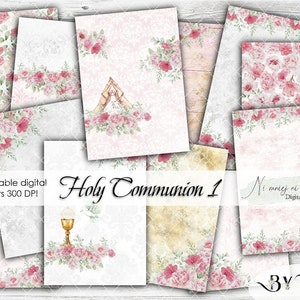 Holy Communion 1 collection, printable digital paper, scrapbooking paper pack, downloadable A4 floral pink gray gold paper