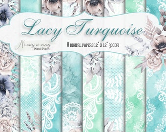 Lacy Turquoise collection, printable wedding digital papers, JPEG paper pack, green and blue lace paper set, watercolor, pastel,scrapbooking