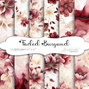 Faded Burgund collection of digital papers, wedding papers, red gold misty floral scrapbook papers perfect for cardmaking