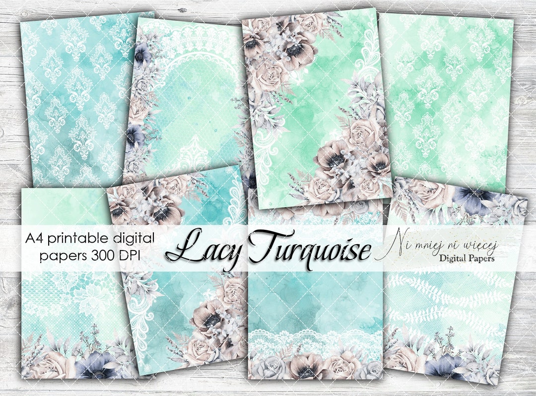 A4 Lacy Turquoise Collection, Printable Wedding Digital Papers, JPEG ...