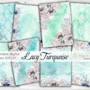 A4 Lacy Turquoise collection, printable wedding digital papers, JPEG paper pack, green and blue lace paper set, watercolor junk journal card