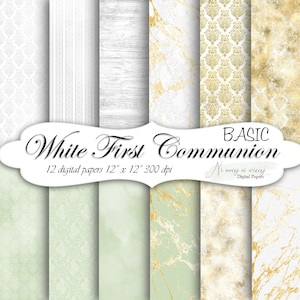 BASIC White First Communion collection of digital background, printable 12" x 12" digital paper, scrapbooking gray gold white green paper