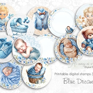 Blue Dreams printable digital tags for kids, circle lovely stamps for baby boy, journal embellishment, cake toppers