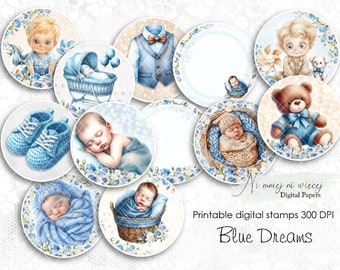 Blue Dreams printable digital tags for kids, circle lovely stamps for baby boy, journal embellishment, cake toppers