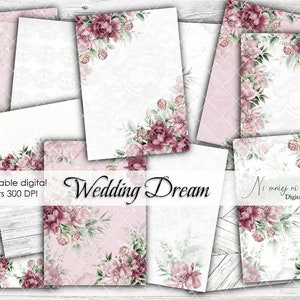 A4 Wedding Dream collection, printable wedding digital papers, JPEG paper pack, white digital papers with peonies, junk journal cards