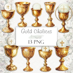 Gold Chalice- collection of PNG watercolor cliparts, printable digital clipart on white background, Holy Communion images