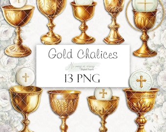 Gold Chalice- collection of PNG watercolor cliparts, printable digital clipart on white background, Holy Communion images