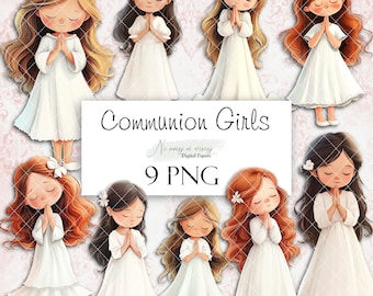 First Communion girls- collection of PNG watercolor cliparts, printable digital clipart on white background, girls with praying hands