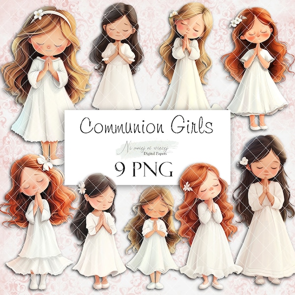 First Communion girls- collection of PNG watercolor cliparts, printable digital clipart on white background, girls with praying hands