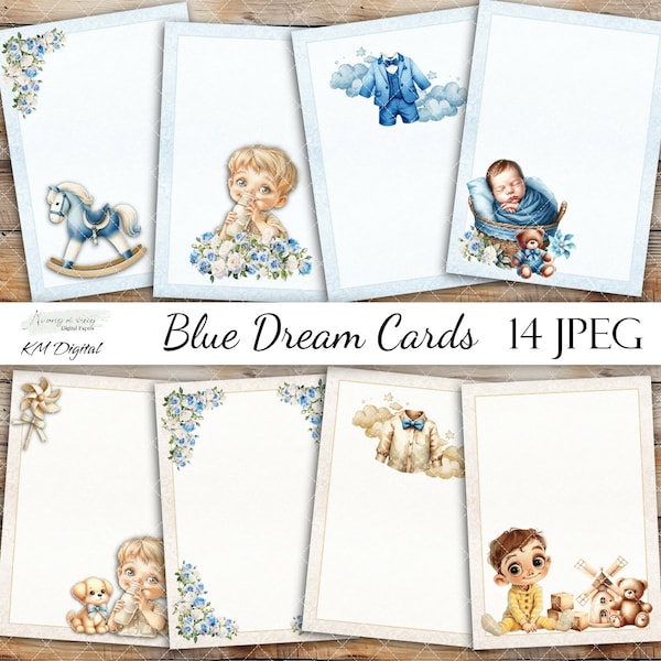 Blue Dreams cards collection, printable baby digital papers, 7' x 5' JPEG paper pack, papers for little boys, sweet blue birthday tags, ATC