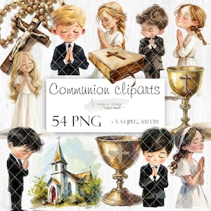 First Communion collection of PNG watercolor cliparts, printable digital clipart on white background, A4 sheets of Holy Communion images