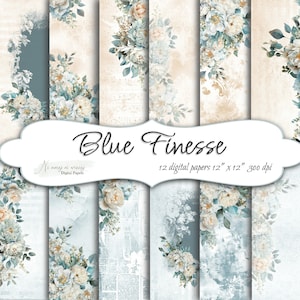 Blue Finesse collection, printable wedding digital papers, JPEG scrapbooking paper pack, blue beige digital papers with flowers