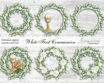 Wreaths White First Communion, printable digital wreaths with chalice for invitations, downloadable leaves and white roses PNG wreaths