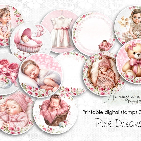 Pink Dreams printable digital tags for kids, circle lovely stamps for baby girl, journal embellishment, cake toppers