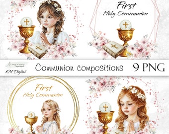 PINK First Communion compositions with flowers, for invitations, PNG watercolor cliparts, printable digital frames, Holy Communion images